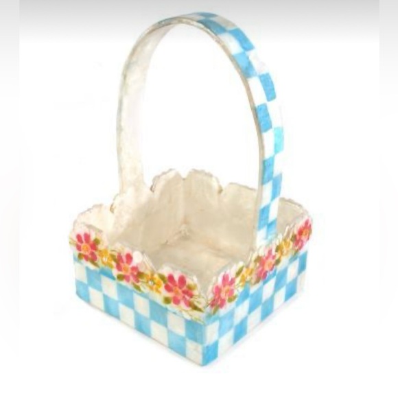 MacKenzie-Childs Other - MacKenzie-Childs Capiz Shell Basket Sky Blue Gingham Floral Handle Retired Rare